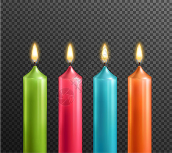 蜡烛透明的背景现实燃烧3D现实晚餐蜡烛4件绿色红色蓝色橙色暗透明背景矢量插图图片