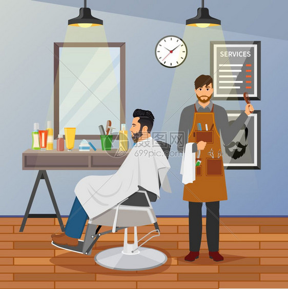 理发店平理发店平与理发师与工作工具客户椅子附近的镜子矢量插图图片