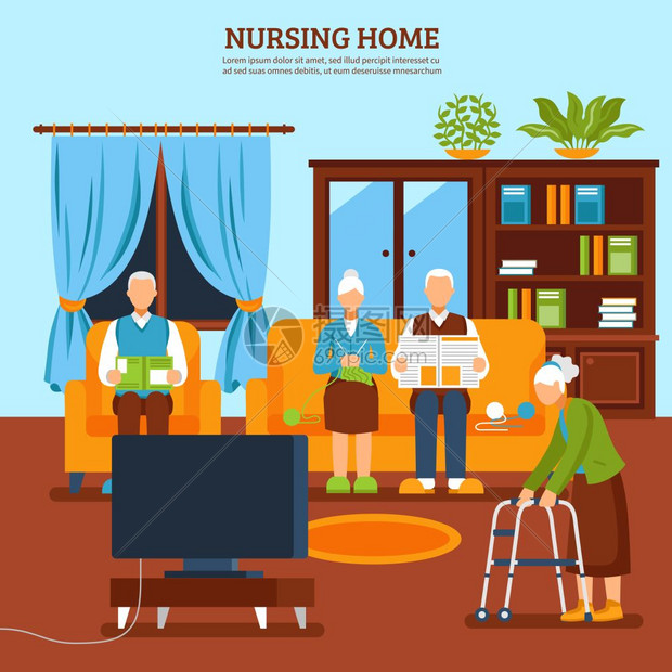 老人护理室内成老人家庭内部背景与文字平老人物成与家庭家具盆栽矢量插图图片
