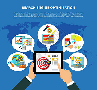 SEO服务全球搜索引擎优化与手平板电脑包围思想气泡成的网页图标矢量插图图片