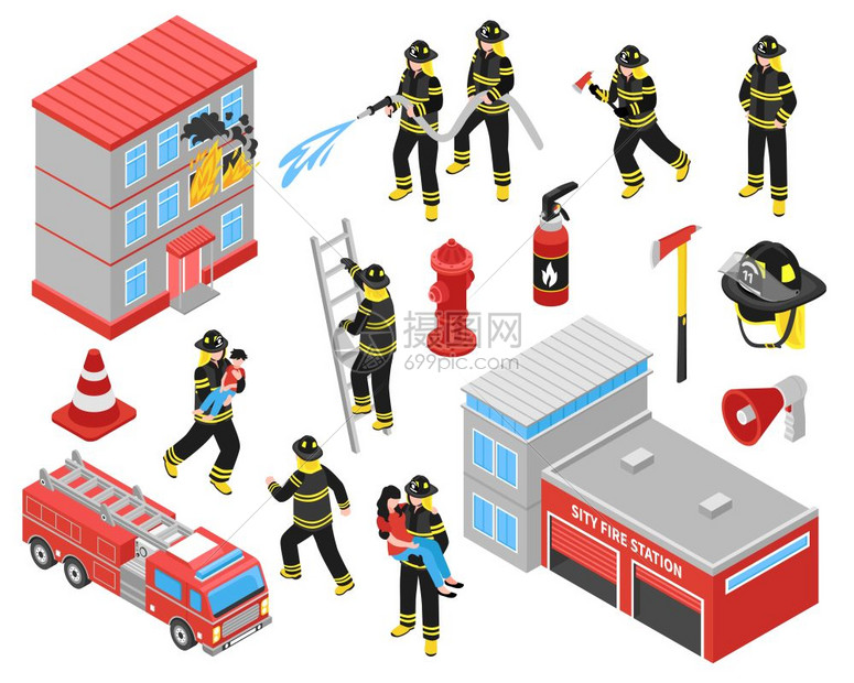 消防部门等距图标消防部门等距图标消防人员事灭火燃烧的建筑物拯救人民矢量插图图片