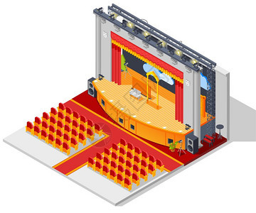 剧院内部剧院内部等距与座椅舞台窗帘矢量插图图片