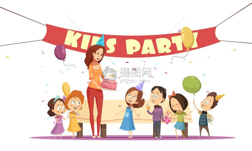 母卡通插图母观念与庆祝符号的儿童聚会卡通矢量插图图片
