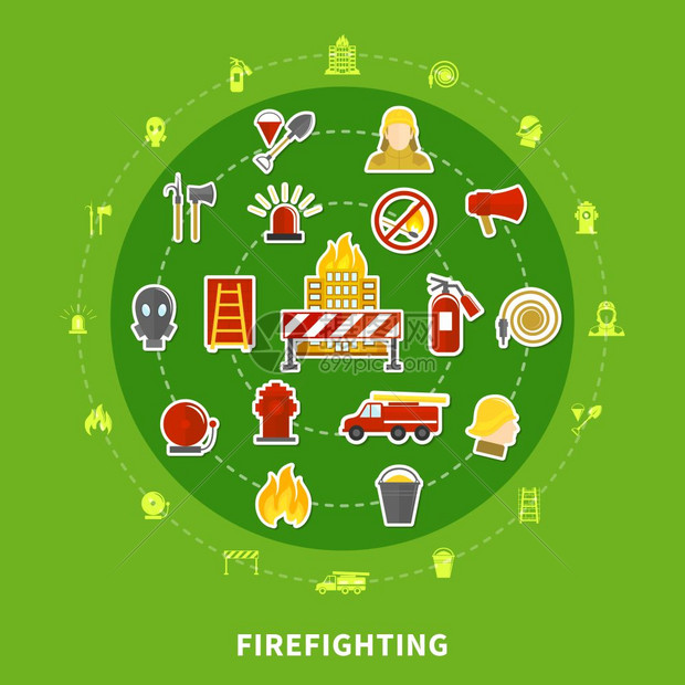 消防平平与各种消防图标绿色背景矢量插图图片