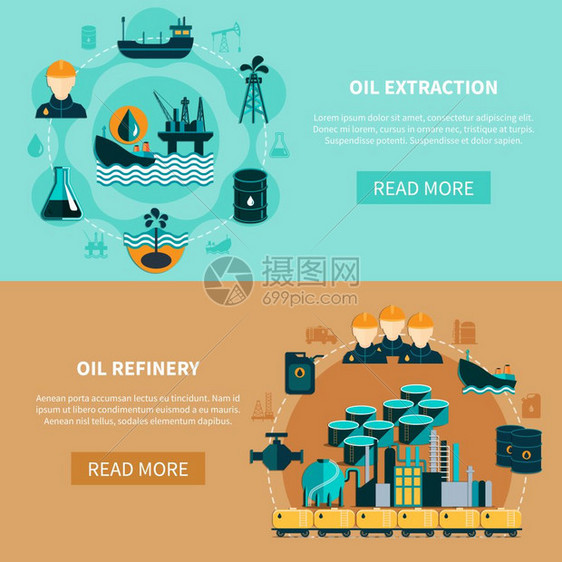石油运输横幅石油工业横幅与油罐车,油轮,炼油厂的图像与阅读更多的按钮矢量插图图片