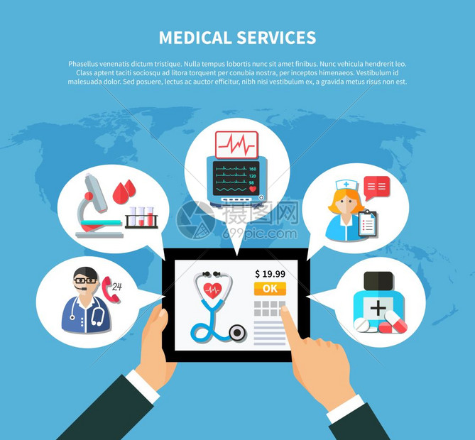 线医疗服务平平与线医疗服务周围的移动设备手纹理蓝色背景矢量插图图片