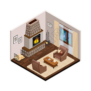 休息室等距内部与壁炉休息室内部与经典壁炉棕色舒适的家具木地板窗帘上的窗口等距矢量插图图片