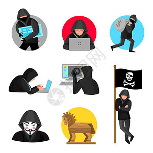 黑客字符符号图标收集黑客黑色蒙人物平图标收集与特洛伊木马欢乐罗杰旗孤立矢量插图图片