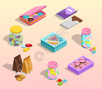 糖果包装套装糖果包装卡通集巧克力饼干孤立矢量插图图片