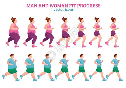 健身阶段的成彩色健身阶段构图与男女配合进度描述孤立图标集矢量插图图片