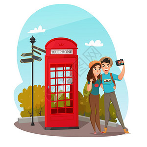 轻的旅行者成构图与几个微笑的轻旅行者夏季矢量插图中用红色电话盒自拍图片