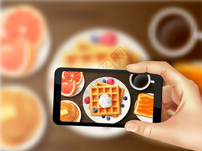 早餐智能手机照片真实的顶部图像甜蜜的健康早餐,华夫饼浆果橙色咖啡顶部查看智能手机照片共享现实矢量插图图片