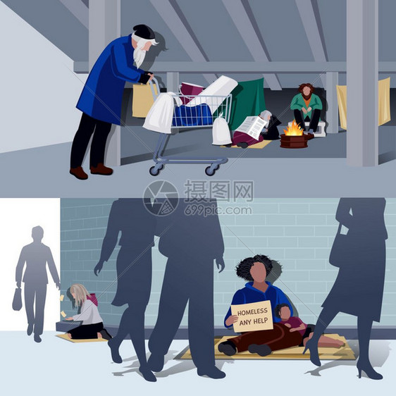 无家可归的人平作文无家可归的人平水平构成饥饿乞讨施舍失业生活城市帐篷矢量插图图片