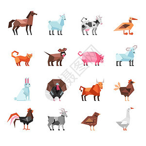 几何农场动物集合几何农场动物鸟类五颜六色的集合隔离白色背景平矢量插图图片