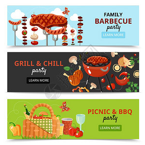 家庭烧烤派横幅烧烤烧烤横幅与野餐烧烤食品图像与阅读更多按钮矢量插图图片