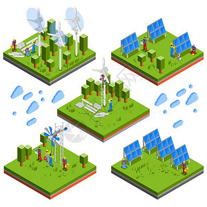 电工人员等距成方形等距景观合,由电工装太阳能电池风力机环保能源矢量插图图片