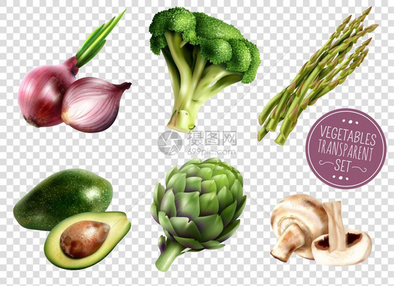 蔬菜透明套装逼真的蔬菜图标透明的背景与鳄梨洋葱西兰花洋蓟芦笋蘑菇矢量插图图片