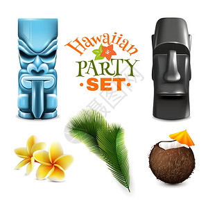 夏威夷政元素收集夏威夷聚会套锡神偶像椰子热带植物图像的空白背景矢量插图图片