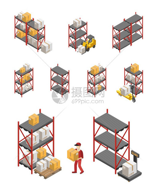 储存架等距储存架设备工人搬运箱隔离矢量插图图片