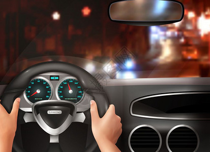汽车驾驶的现实理念汽车驾驶现实的与司机手握方向盘夜间城市街景挡风璃矢量插图图片