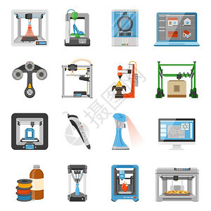 三维打印图标三维打印图标集器与软件屏幕细节消耗品扫描仪打印机平矢量插图图片