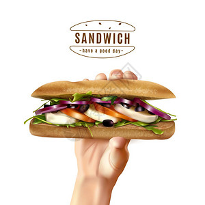 健康三明治手现实形象手健康的多粒三明治与意大利生菜番茄洋葱现实广告白色背景海报矢量插图图片