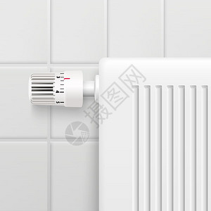 温度控制旋钮真实图像热水加热散热器温度控制旋钮特写真实图像与瓷砖墙背景矢量插图图片