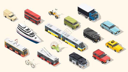 公共交通车辆收集运输等距集城市运输车辆,轨电车,无轨电车双轮运输与阴影矢量插图图片