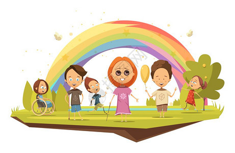残疾儿童卡通风格插图残疾儿童轮椅上用拐杖假肢彩虹背景卡通风格矢量插图图片