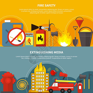 扁平的消防横幅平,灭火介质消防安全工具,水平横幅彩色背景上,矢量插图图片