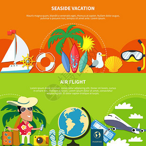 假期平横幅度假旅行平水平横幅与成游客飞行海上图像与可编辑的文本矢量插图图片