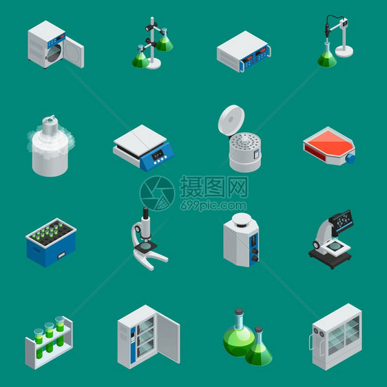 科学实验室设备等距图标科学实验室设备等距图标自然研究工具高科技设备孤立矢量插图图片