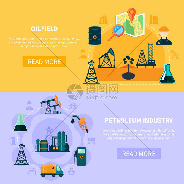油田横幅收集两个石油工业水平横幅与平图像成文本,并阅读更多的按钮矢量插图图片