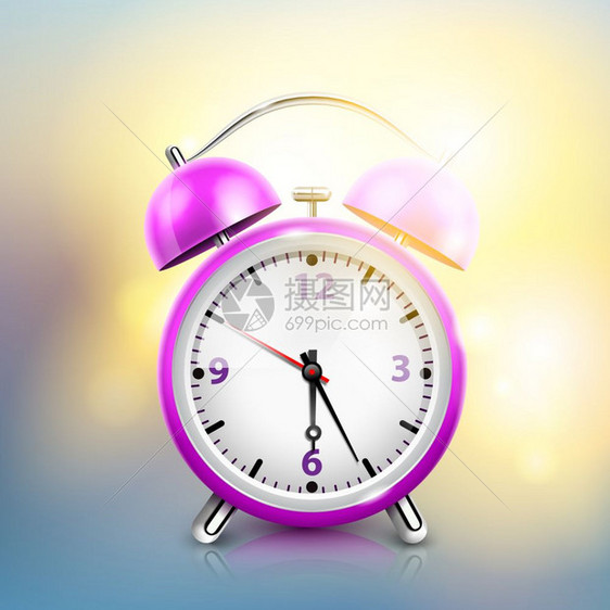 现实的闹钟背景带紫色时钟阳光的真实闹钟背景看来像早晨的矢量插图图片
