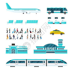 人员运输机场图标图标与机场人员的行李运输,包括火车飞机巴士出租车孤立矢量插图图片