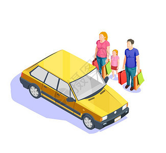 人们购物等距插图家庭很多袋子他们的车后,购物3D等距矢量插图背景图片
