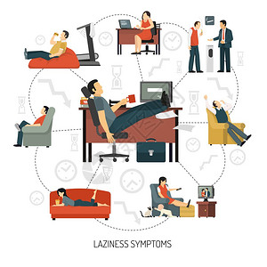 懒惰症状信息图表带懒惰症状流程图的信息,包括工作中的人家里的扶手椅上的矢量插图图片