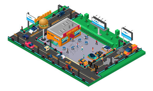 未来主义等距构图未来等距构图与未来主义汽车,道路,咖啡馆,人们,广告牌,树木,矢量插图图片