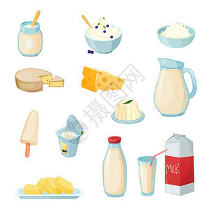 乳制品套装乳制品与牛奶各种包装奶酪,酸奶,黄油,凝乳,酸奶油,分离矢量插图背景图片