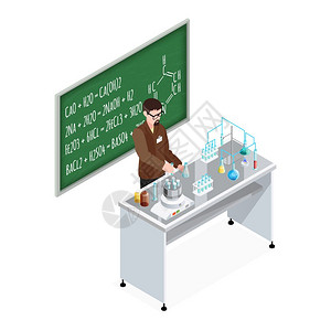 化学作文老师学校作文与教师格桌子上与试管设备与黑板公式矢量插图图片