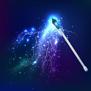 放电效果的魔杖魔法棒夜空现实背景与电放电发光效果矢量插图图片