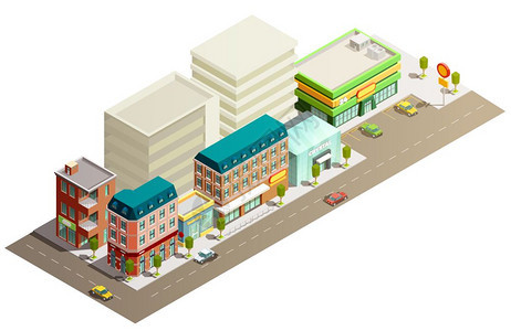等距存储建筑白色背景矢量插图上,街道上许多层高的城市商店建筑,很少汽车等距图片