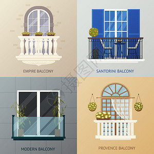 阳台合集四个方形合,以古董经典现代阳台理念与平窗图像矢量插图图片
