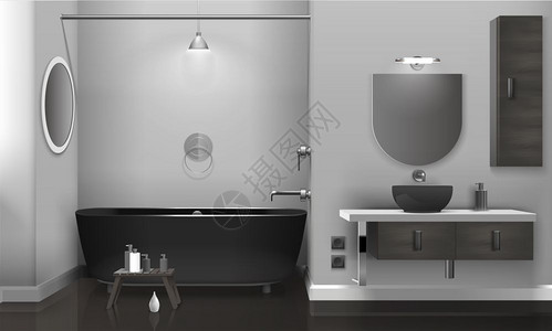 现实浴室内部两个镜子逼真的浴室内部与黑色卫生设备,灰色墙壁上的两个镜子,光滑的地板矢量插图图片