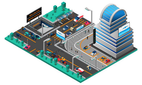 未来主义城市景观等距构图未来主义城市景观等距构图与新代道路地铁站矢量图的建筑汽车图片