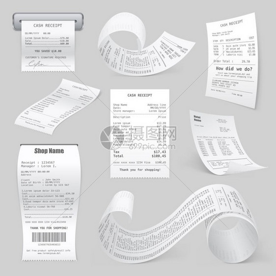 收银机打印收据真实收款收银机销售收据打印热轧纸现实样本浅灰色背景矢量插图图片