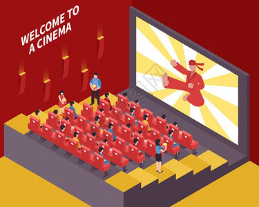 电影作文上等距电影院电影院室内构图与电影院大厅排排座位与坐人矢量插图图片