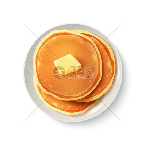 早餐现实煎饼顶部视图图像早餐食品菜单项目美味蓬松的家庭式薄煎饼与黄油板现实的顶部视图图像矢量插图图片