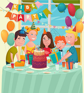 生日派儿童作文孩子们的生日聚会背景,五个快乐的孩子节日的桌子上用气球矢量插图图片