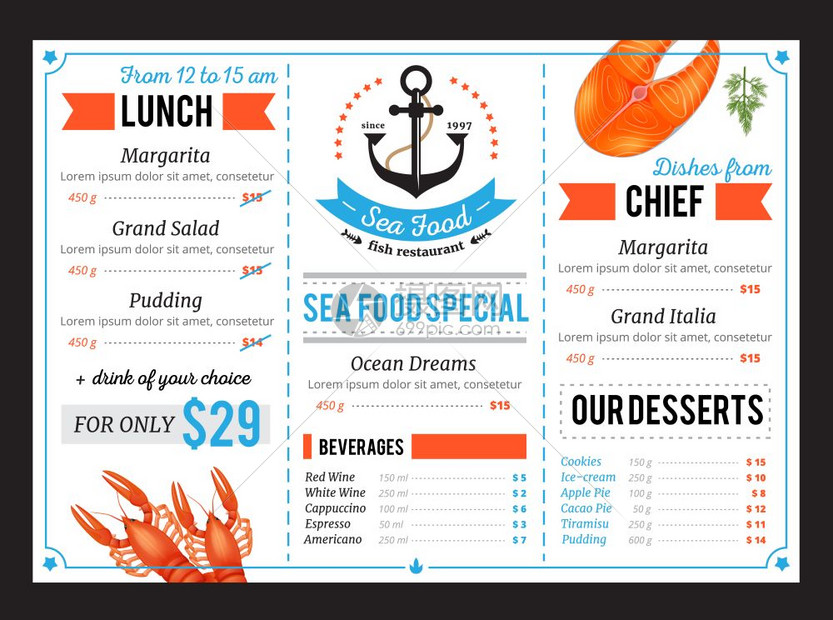 餐厅菜单模板经典的海鲜餐厅菜单模板与特殊的厨师菜肴每日预算午餐提供矢量插图图片